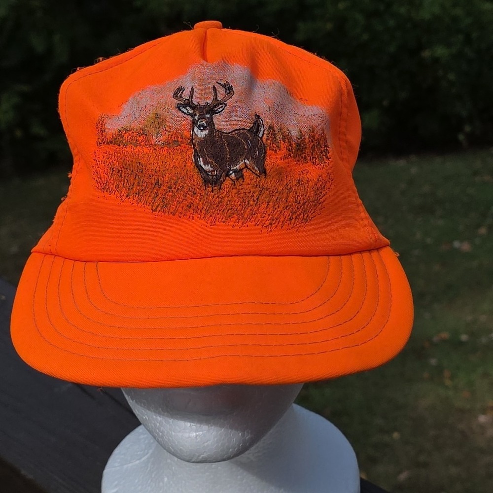 Vintage Made In The USA Hunting Hat Big Buck Elastic Strap Back Blaze Orange